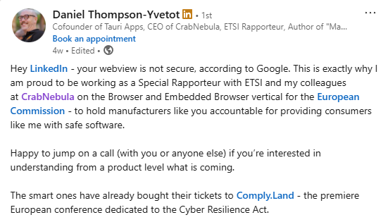 
Daniel Thompson-Yvetot's LinkedIn post the website's security according to Google