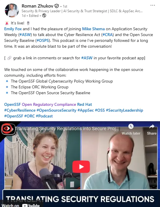 Roman Zhukov's LinkedIn post about his recent podcast appearance