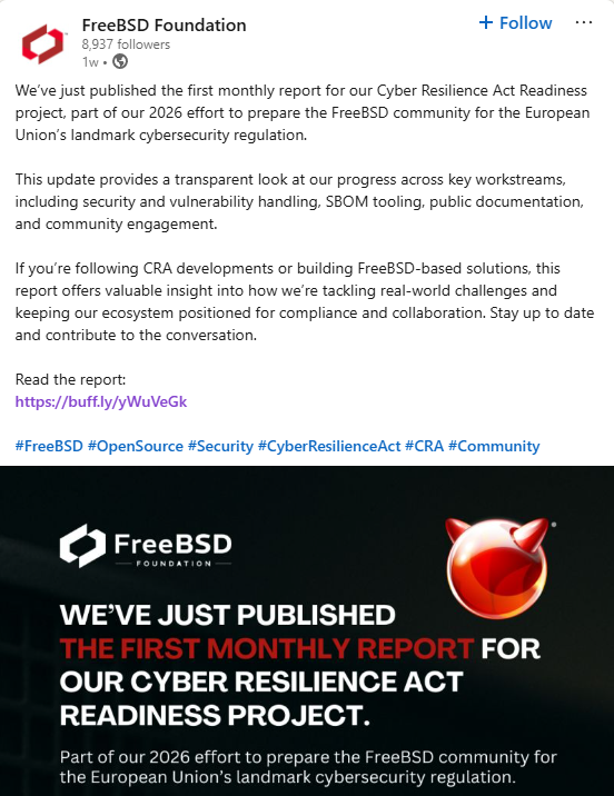 
FreeBSD Foundation shares their first monthly report for our Cyber Resilience Act Readiness project on LinkedIn